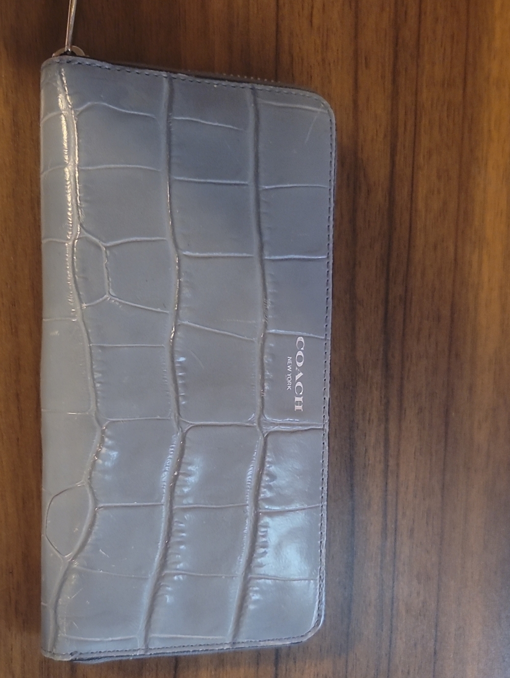 Coach Light Gray Croc-Embossed Zip Wallet